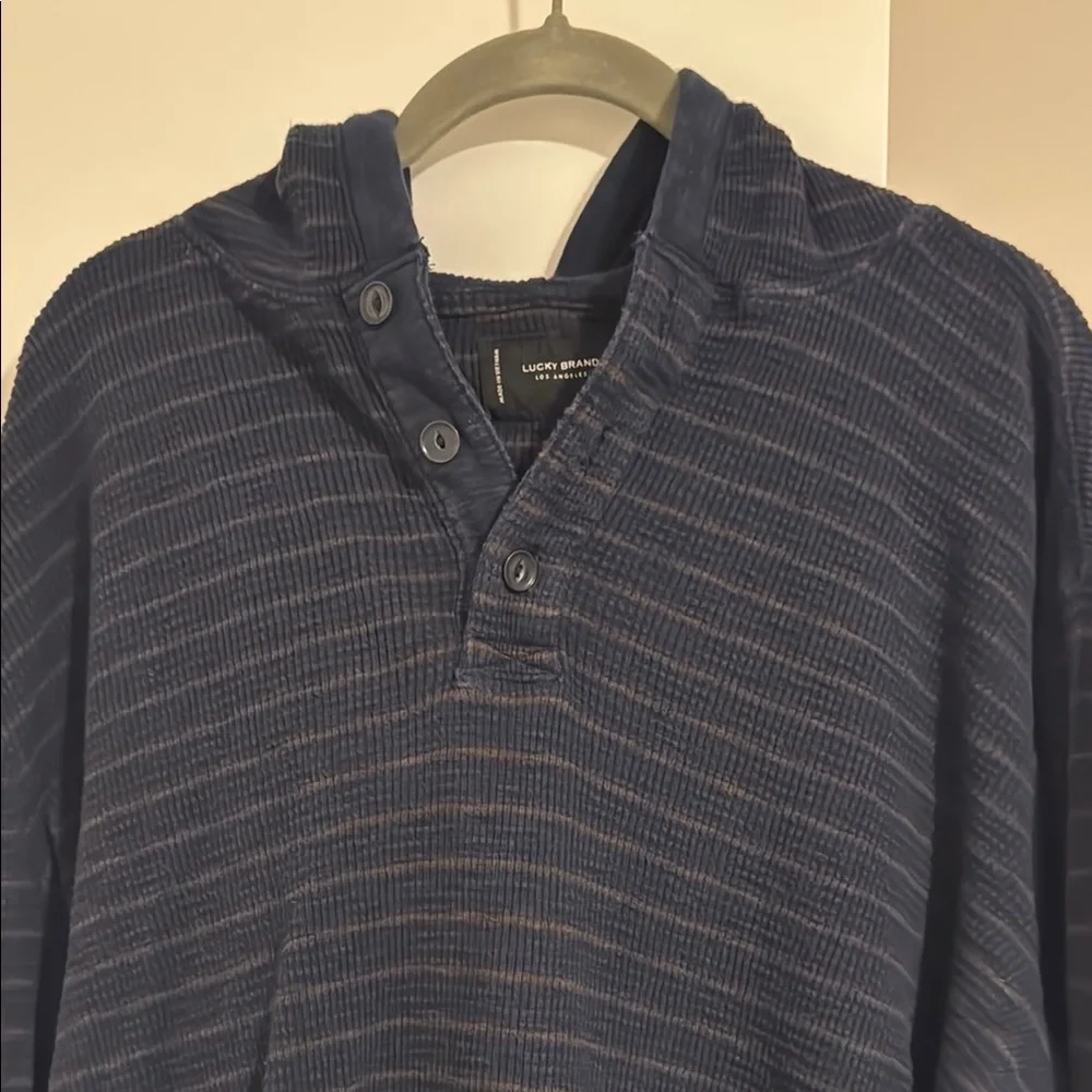 Lucky Brand Navy Thin-Stripe Long Sleeve Hooded Henley - Picture 3 of 6